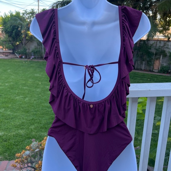 Burgundy Asymmetrical Ruffled Bodysuit Swimwear Women’s size Small - Picture 2 of 14